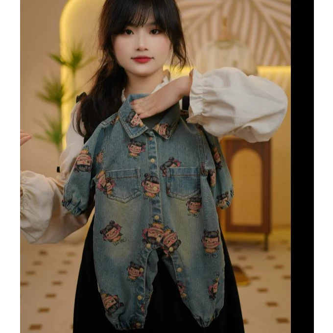 牛仔连体衣春秋复古小众宽松印花韩版