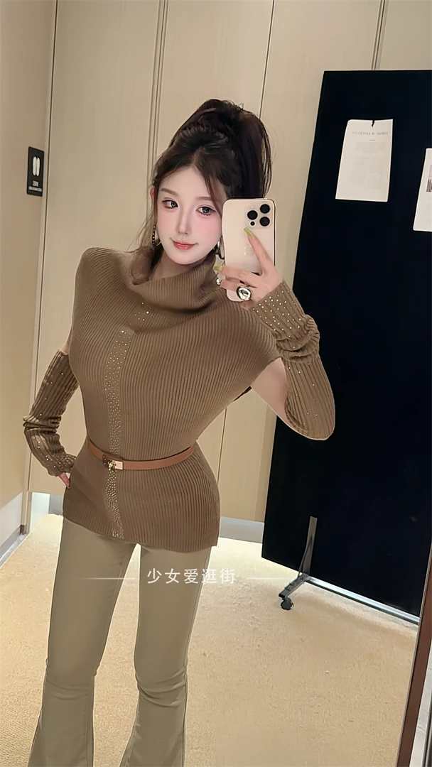 高级感重工烫钻半高领短袖针织衫女秋设计感小众袖套上衣打底毛衣