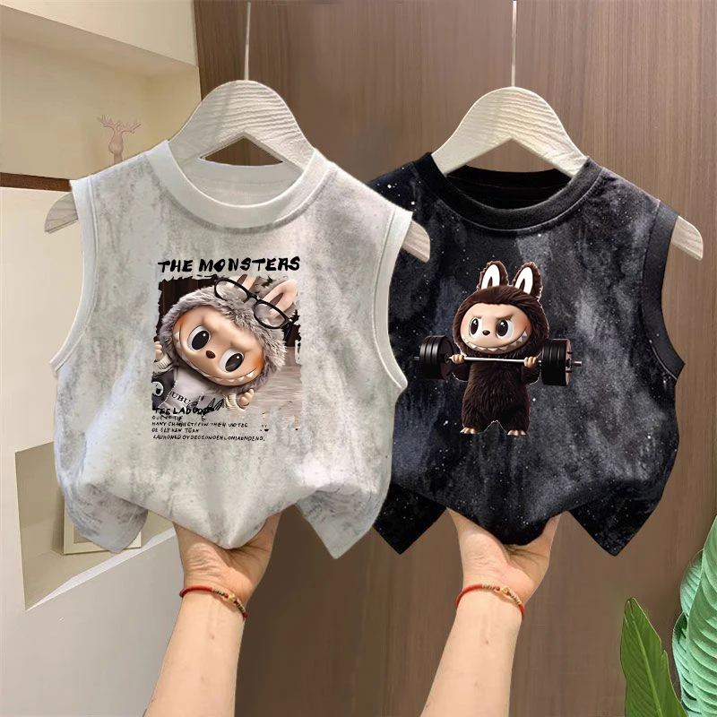 儿童卡通拉布布无袖背心T恤夏季新款纯棉男女童百搭洋气扎染上衣