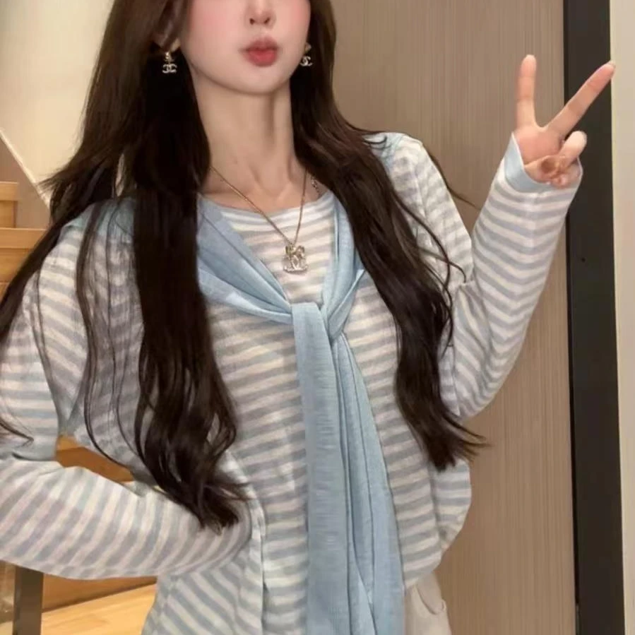 韩版披肩条纹时尚女装针织衫简约冰丝新款夏季防晒休闲打底上衣