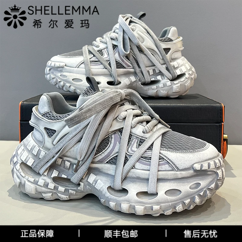 希尔爱玛干净感痞帅男鞋欧洲站擦色做旧老爹鞋春夏季系带网面透气