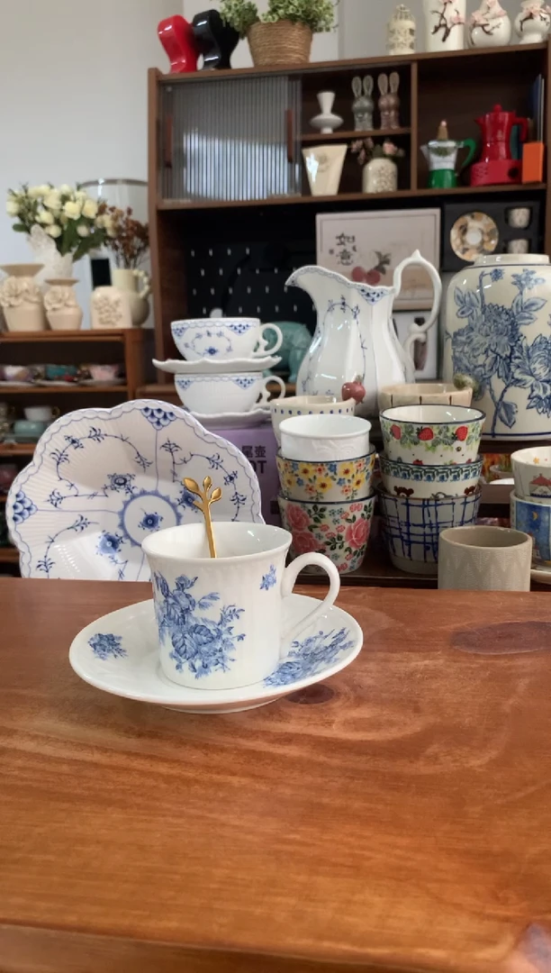 瓷【小】法式凌霄花杯碟 送勺