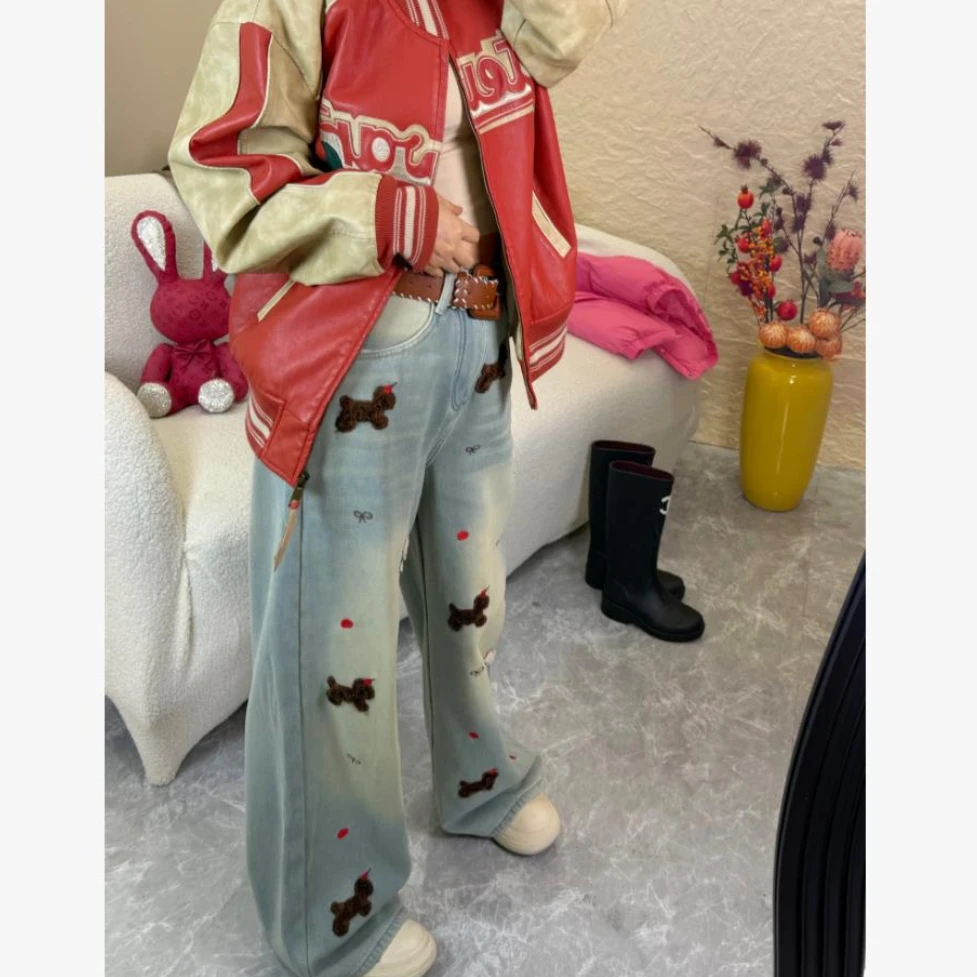 冬季加绒保暖新款爆款重工刺绣独角兽牛仔阔腿裤显瘦百搭