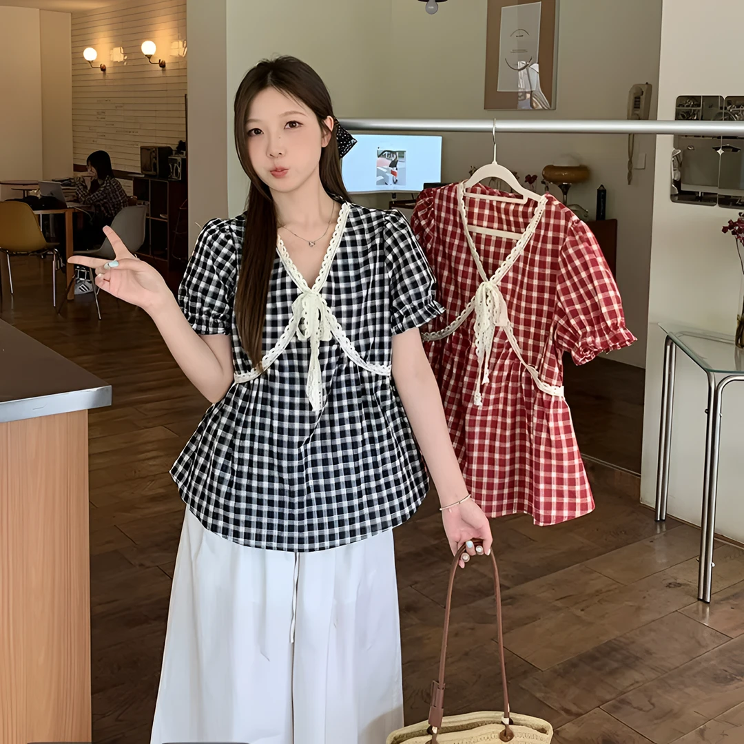 2025夏装新款胖mm大码女时尚甜美蕾丝花边格子衬衫短袖洋气衣服女