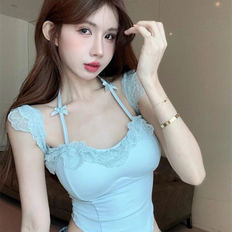 小飞袖蕾丝挂脖吊带背心女夏季泰式纯欲甜辣妹一字肩鱼骨抹胸上衣