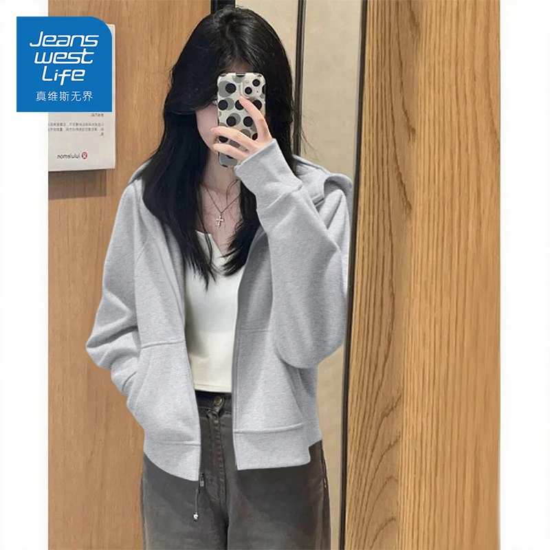 真维斯无界连帽短款卫衣女2025新款休闲开衫外套插肩袖设计感上衣