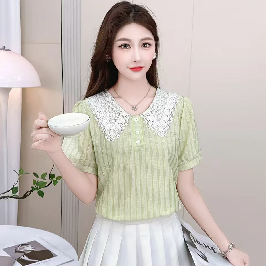 510【衣长50】2025夏季新款T恤女简约短袖时尚领花拼接显瘦上衣