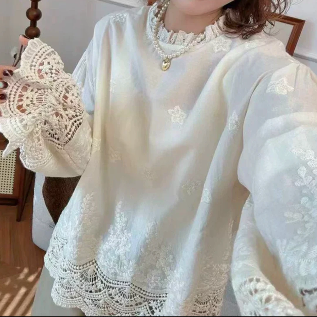 设计感刺绣领精美钩花袖口下摆衬衫女2025春季韩系百搭气质衬衣