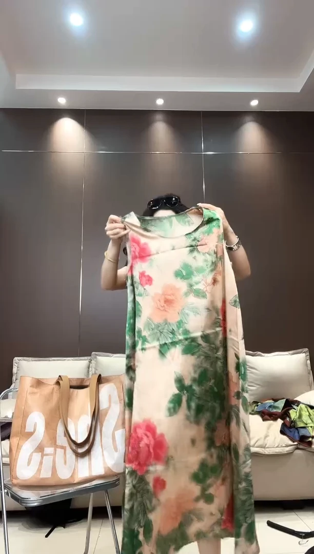 大花坎袖连衣裙长XL