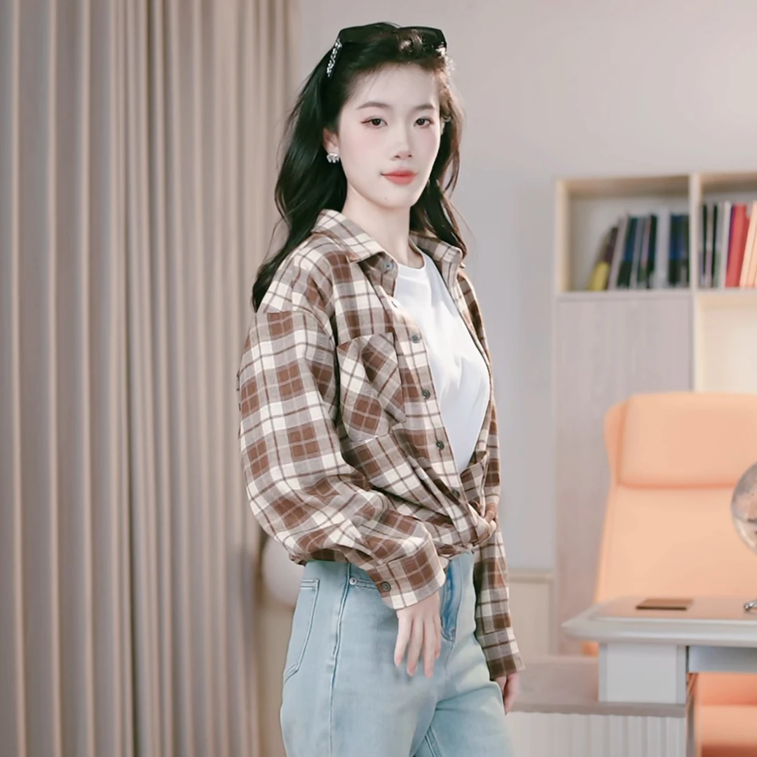EMMA WINI安可拉红高品质磨毛格子衬衫外套厚款春季宽松衬衣女