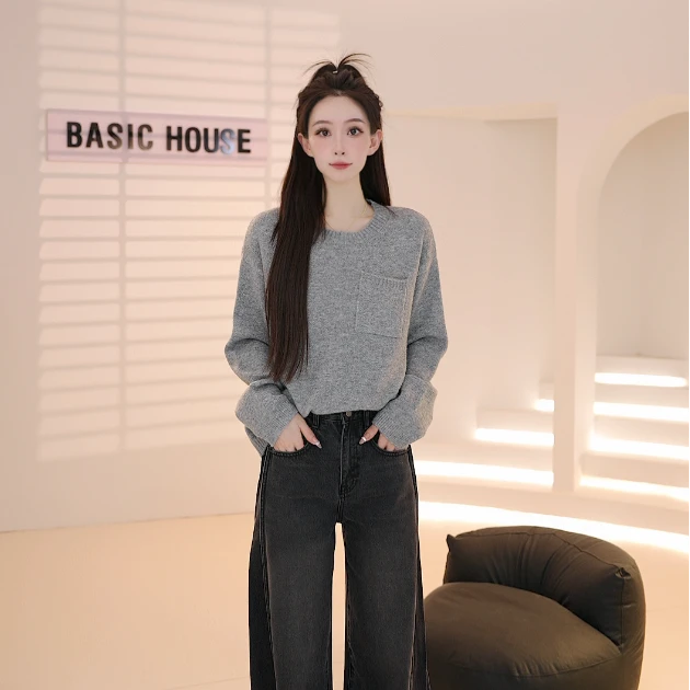 Basic House/百家好2025新款秋季时尚气质显瘦圆领针织衫女NQL43