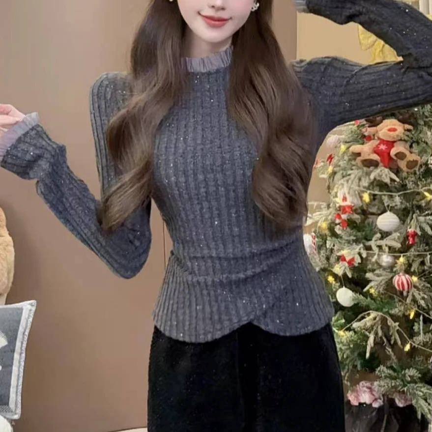 路姐女裤蕾丝花边不规则下摆磨毛弹力针织上衣女打底衫小衫秋冬10