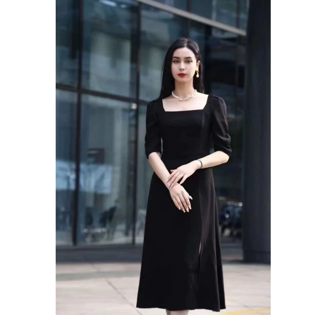 AMASS/阿玛施方领复古五分袖开叉连衣长裙5500406