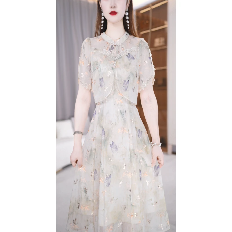 25A108-15 假两件减龄印花轻熟风收腰遮肚连衣裙