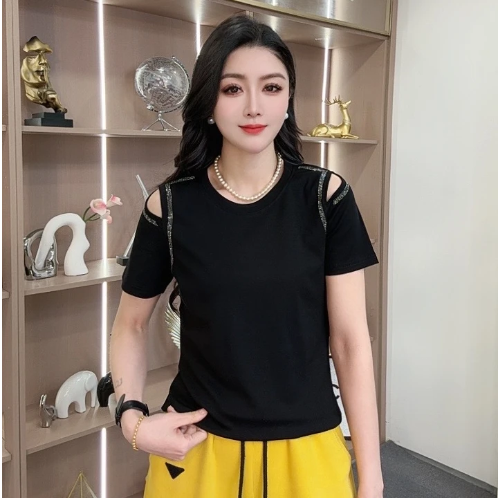 【众帆女装】2596夏季修身圆领显瘦时尚休闲百搭双漏肩短袖
