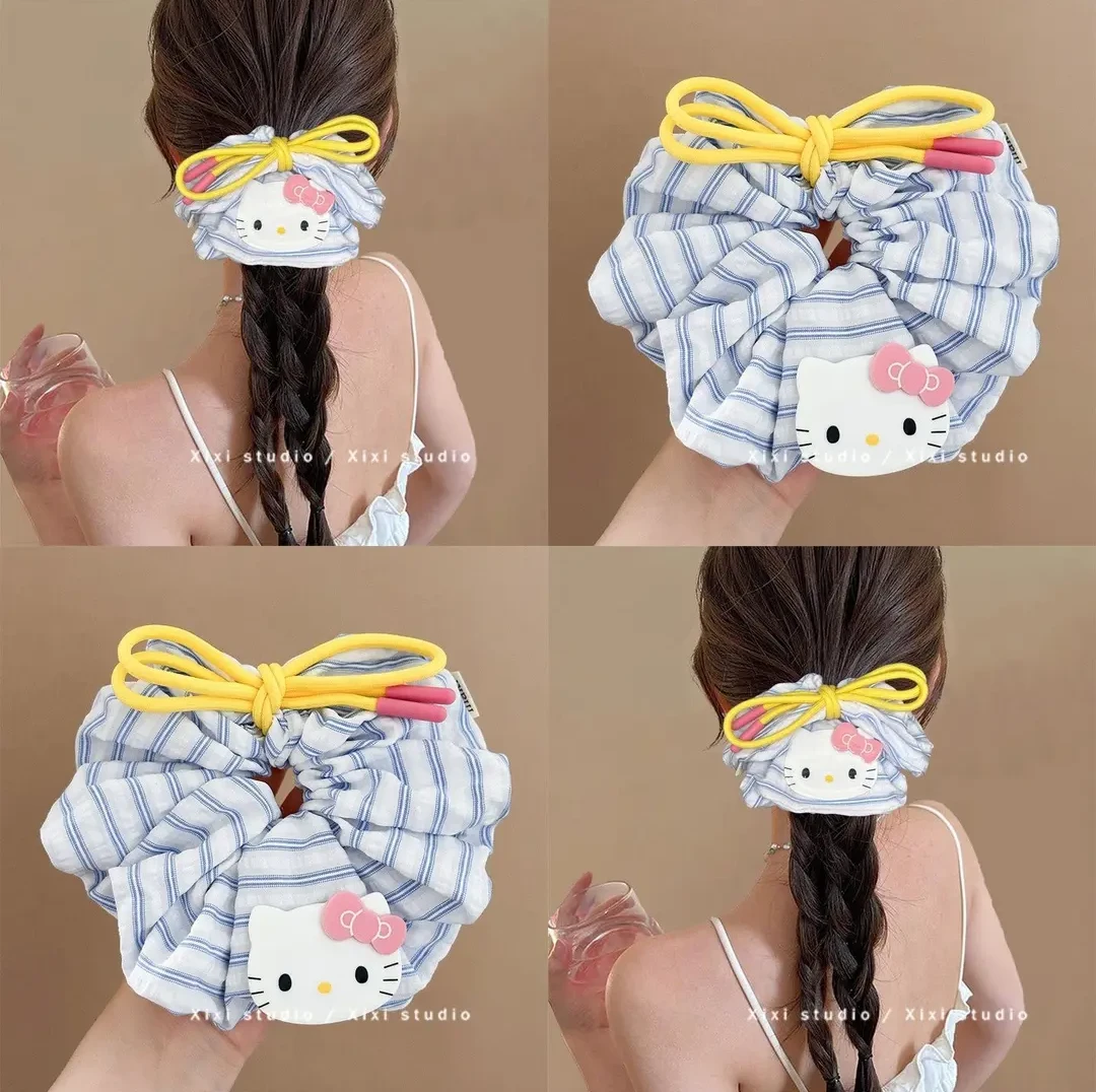 韩系猫咪蝴蝶结大肠圈发绳清爽蓝条纹大号发圈头绳丸子头皮筋