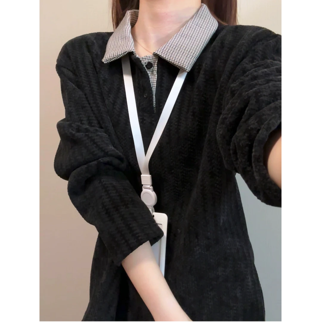 美式加绒拼接Polo衫男款秋冬千鸟格长袖T恤高级感卫衣休闲上衣