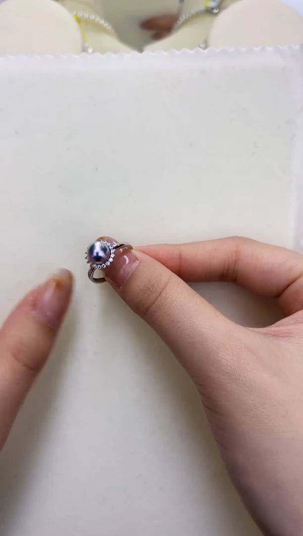银S925镶嵌DA海水珍珠 GD189 灰珠戒指7-8MM