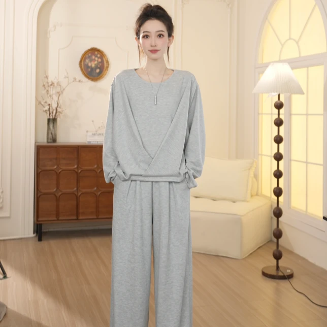 Basic House/百家好2025早春新款宽松时尚褶叠层圆领T恤休闲长裤