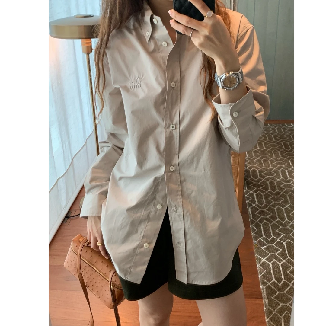 未使用 MIU MIU/缪缪 Miu Miu 纯色翻领纽扣长袖衬衫 灰色38
