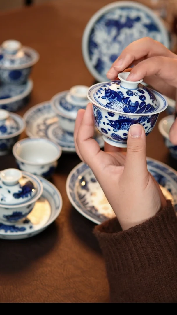 满鳜鱼藻纹理两才盖碗