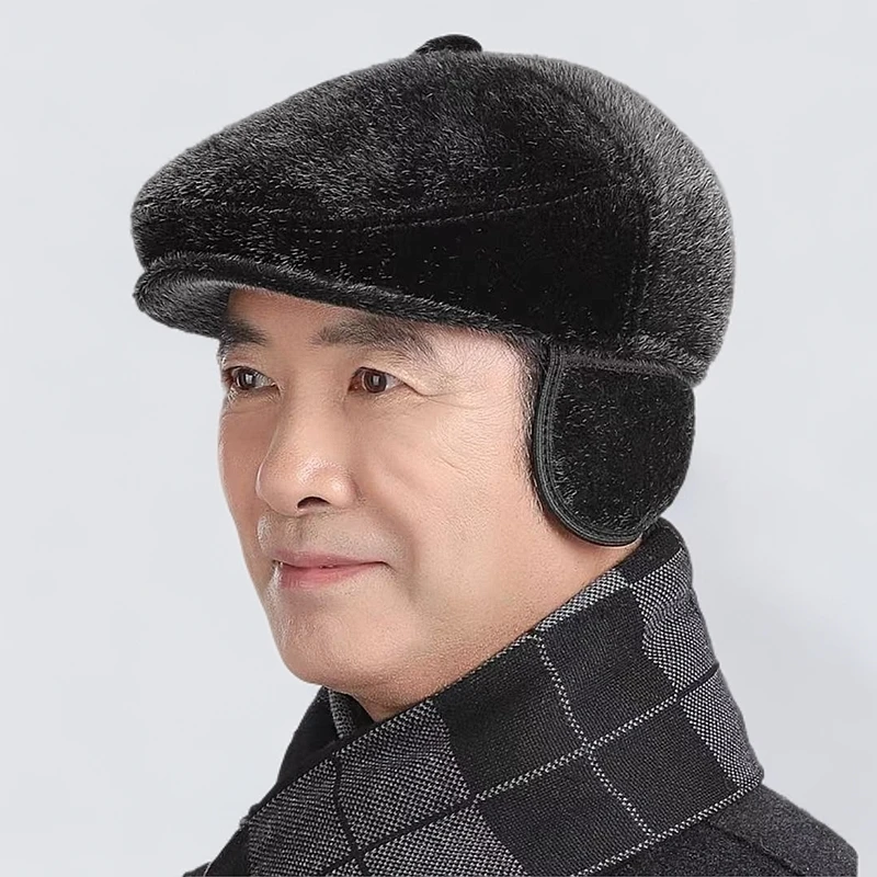 帽中老年仿水貂毛帽子男士冬季护耳帽子户外鸭舌帽加绒运动老人帽