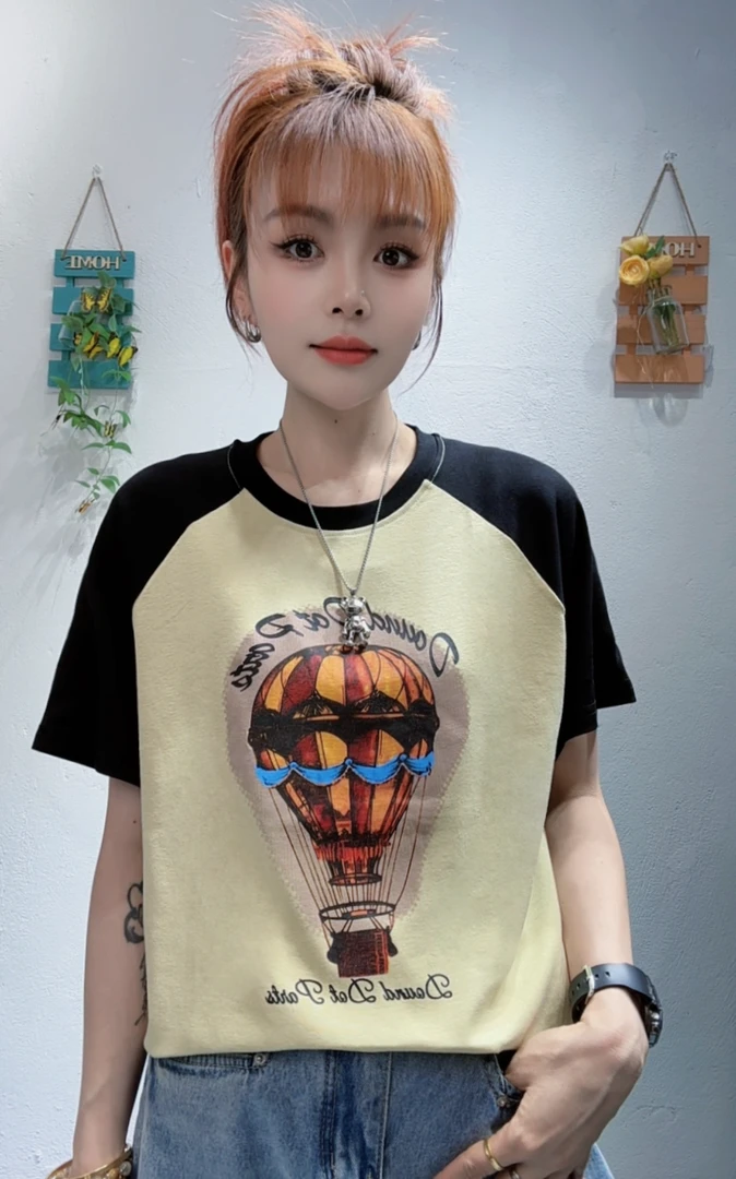 dx624-彩色热气球短袖拼潮流插肩袖女洋气上衣