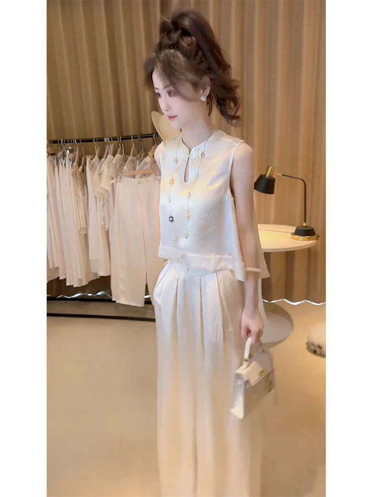 2025超火夏装大方得体轻奢高级感女人味新中式国风气质白色套装裤