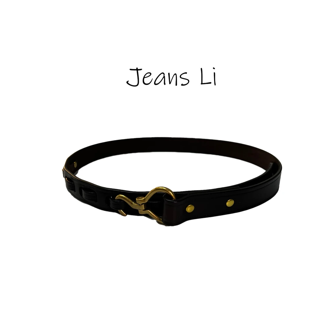 【Jeans Li】复古时尚百搭高级感法式深咖色女士真皮钩子皮带