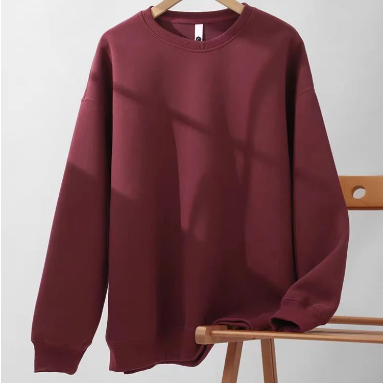 显白酒红色重磅圆领卫衣女秋冬车厘子红复古红宽松休闲打底上衣男