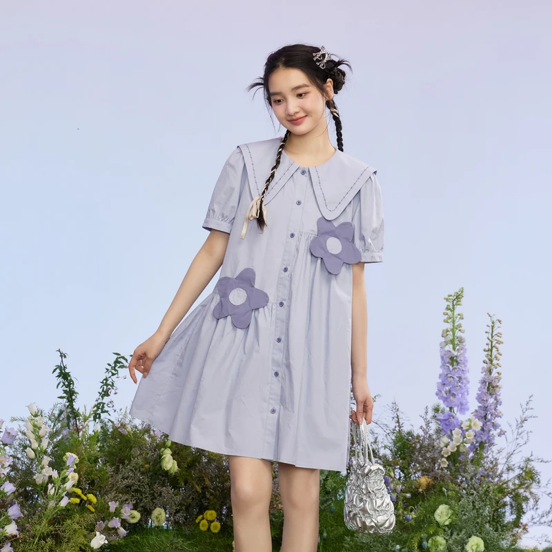 紫涵海军领娃娃裙夏季新款甜美立体花朵抽褶短袖连衣裙Z4Z04BS312