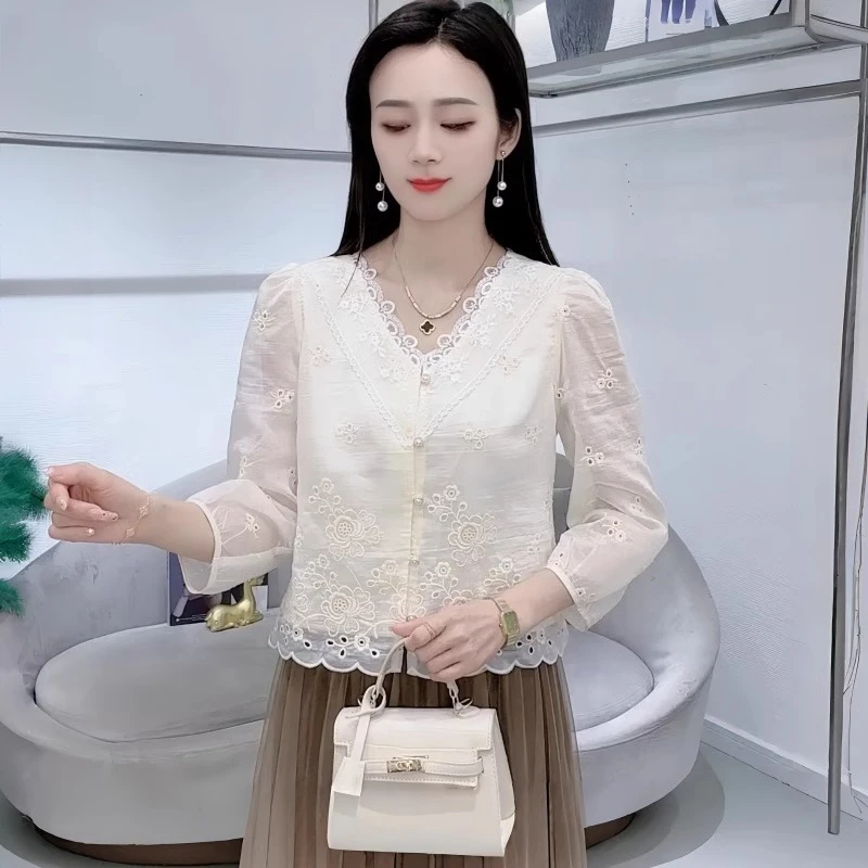 法式气质V领衬衫女士夏季新款蕾丝短袖衬衣甜美减龄洋气小衫上衣