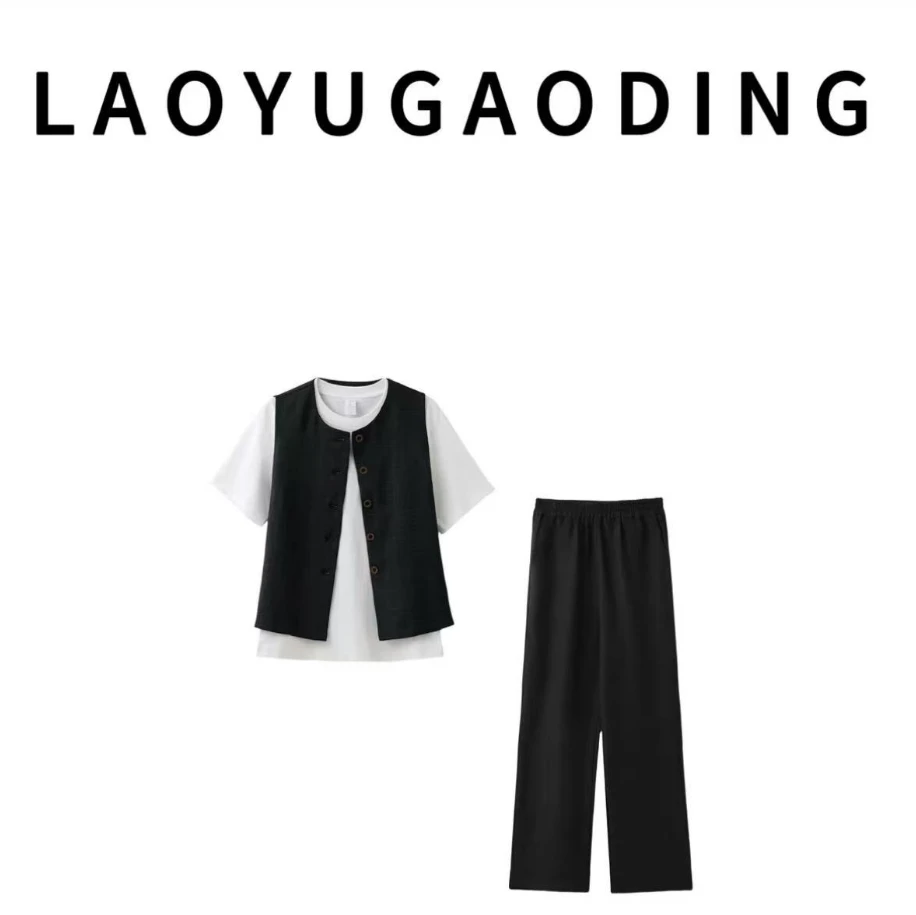 2025时尚套装大码女装新款小众简约马甲阔腿裤三件套 花