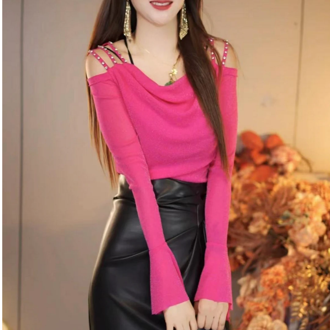 吴6884秋新款堆堆领时尚洋气露肩镶钻网纱长袖女t恤修身打底衫