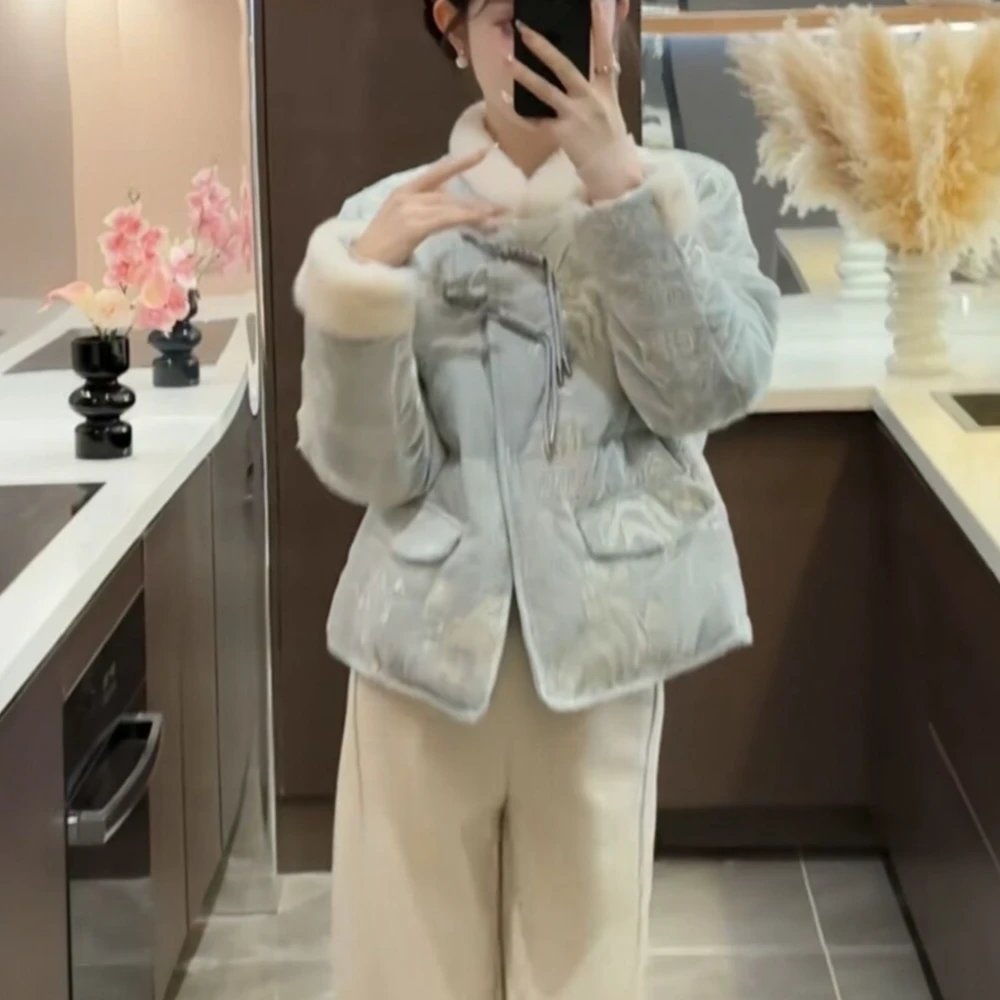 邦妮衣橱周粥兰亭序冬季新款毛绒重工刺绣盘扣保暖棉服大码半裙