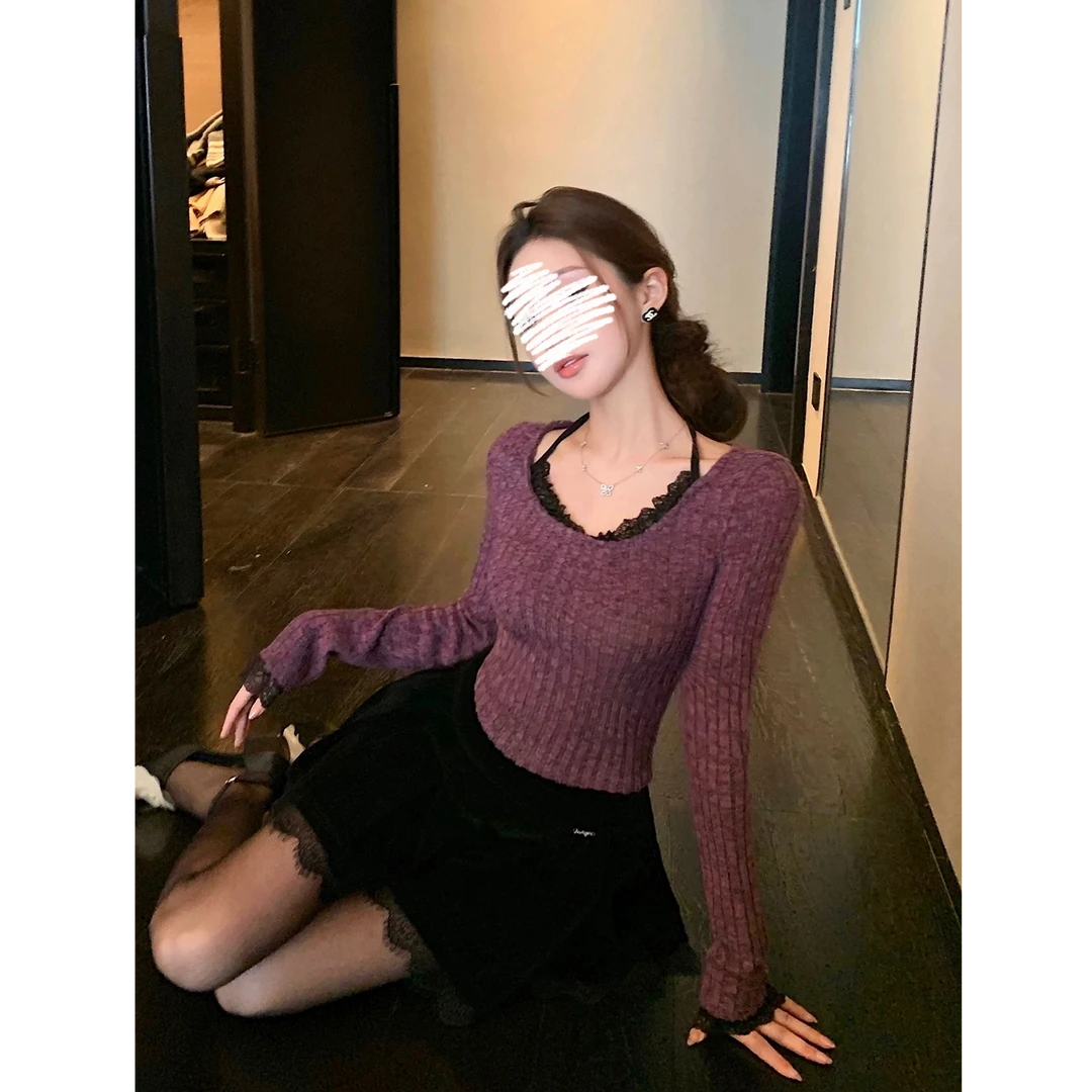 纯欲蕾丝拼接挂脖纯色春季新款修身显瘦高级针织衫