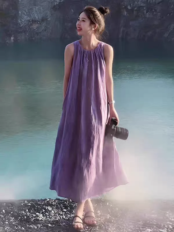 亚麻绝美度假松弛感法式简单大方无袖紫色背心连衣裙20497