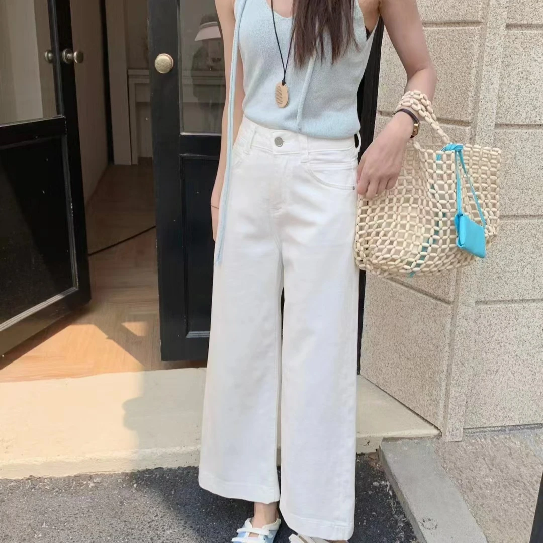 夏款韩系一粒扣小雏菊刺绣百搭直筒九分牛仔裤