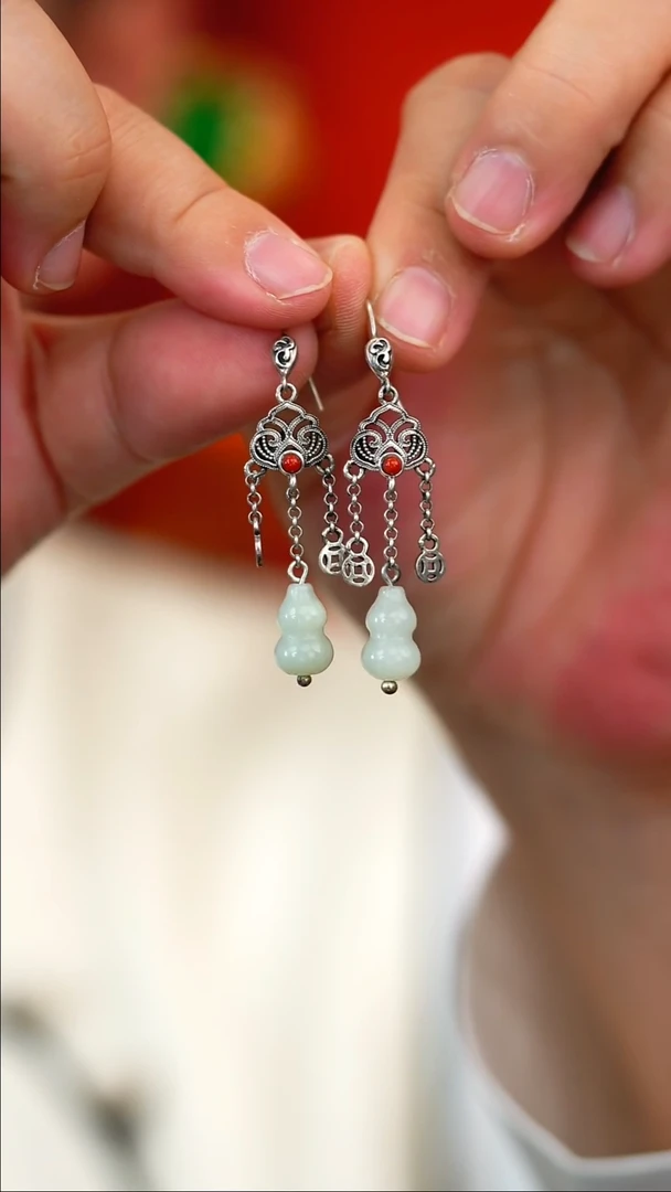 银S925镶嵌和田玉耳饰新款