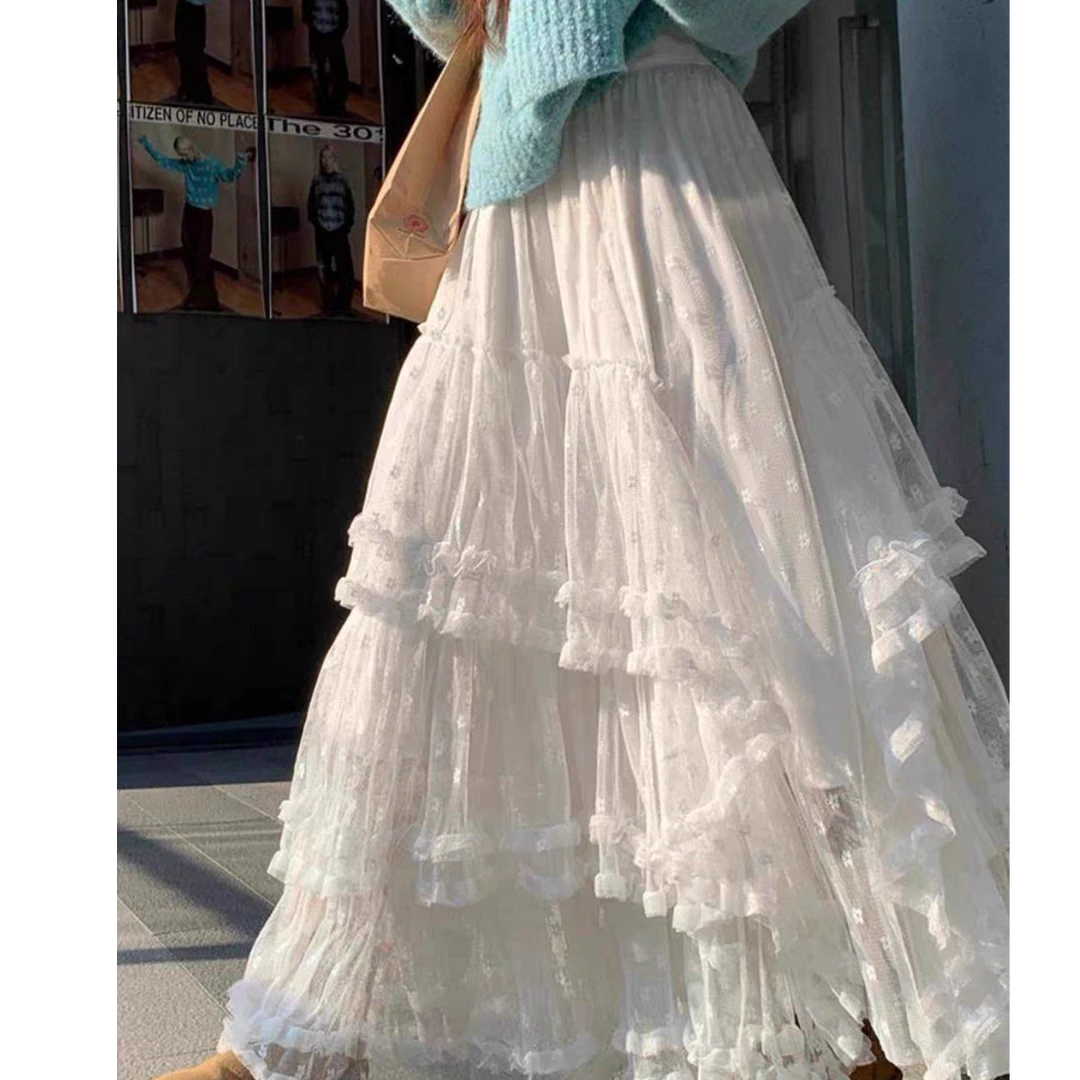 25213白色蕾丝花边半身裙女新款a字纱裙甜美公主百搭蓬蓬蛋糕长裙