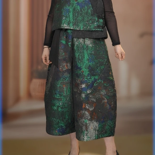 24307墨绿色花纹时尚百搭休闲裤提花常规花苞裤