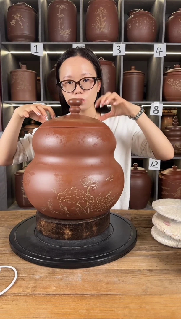 本陶手作坭兴陶6-8斤装葫芦茶叶罐手工痕迹