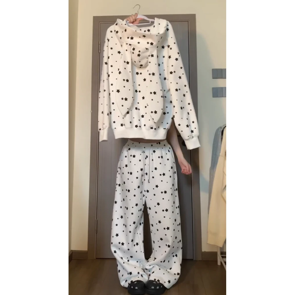 星星印花兔耳朵连帽睡衣套装女2025新款大码长袖长裤家居服可外穿