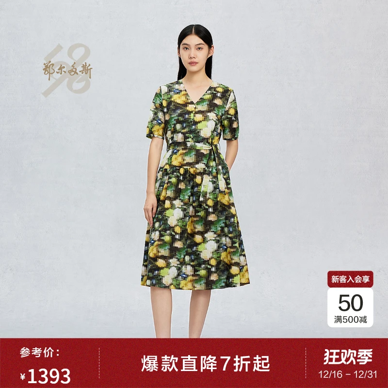 鄂尔多斯1980新品纯棉V领腰带装饰印花女中长款短袖连衣裙25夏季