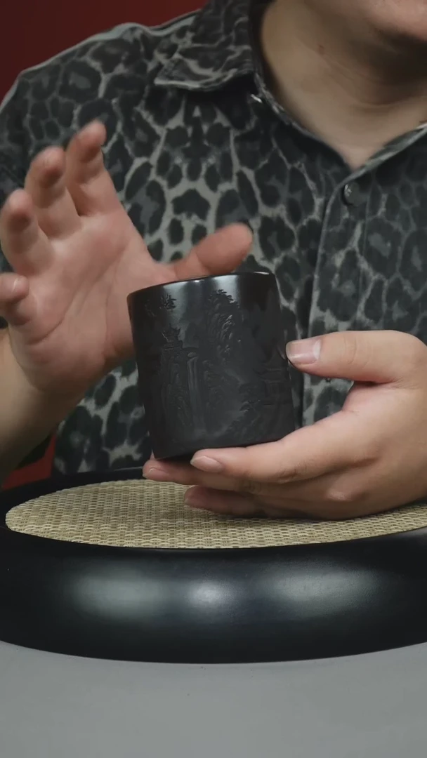 茶壶紫砂石黄 直筒杯 刻绘山水