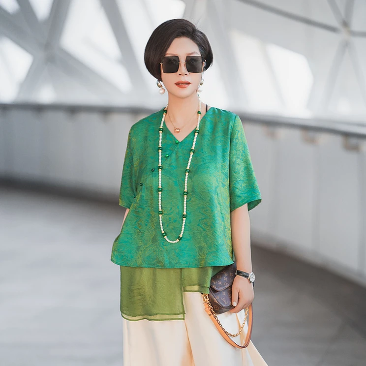 艾翕甄选【水云间】多颜色新中式提花斜襟T恤ZX2501327-1