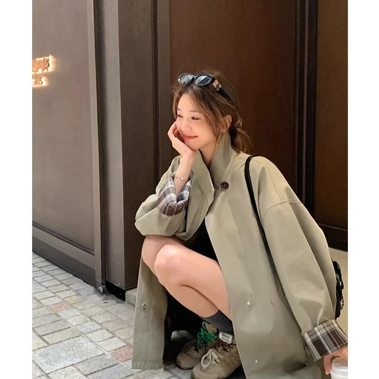 高级感经典撞色风衣外套女韩版小个子短款廓形显瘦宽松英伦风大衣