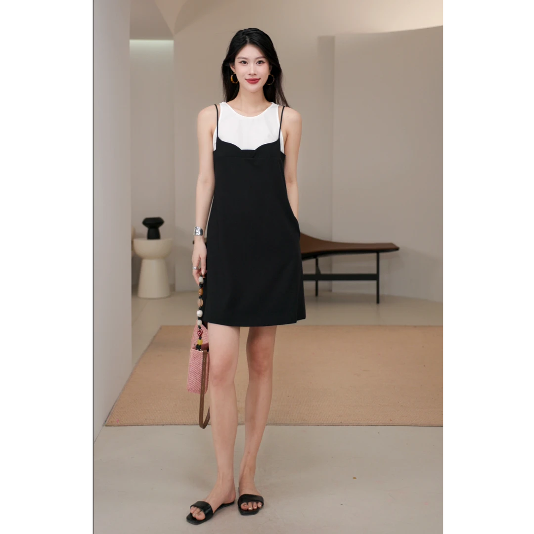 LYNEE  假两件撞色连衣裙新款时尚吊带裙LGD2FSW177