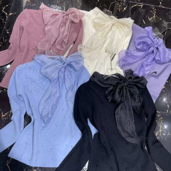 淑雅阁服饰 新优雅系带蝴蝶结针织打底衫显瘦外穿内搭上衣7853