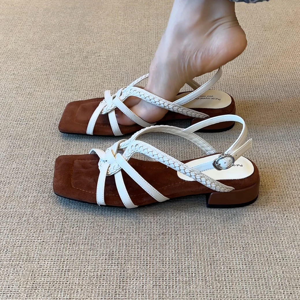 RubyL/2.5cm/5cm法式复古优雅编织交叉后绊带舒适百搭露趾凉鞋